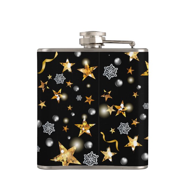 Luxury Gold & Black Star Metallic Fashion Xmas Hip Flask (Back)