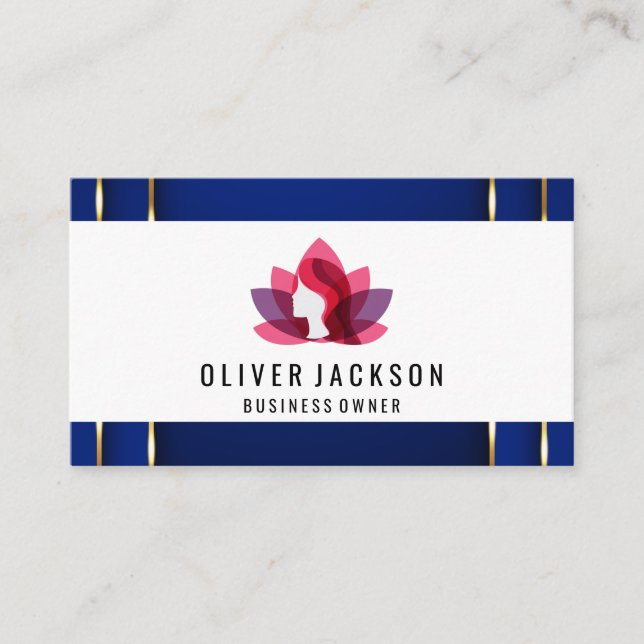 Luxury Gold Blue Background | Lotus Woman Business Card (Front)