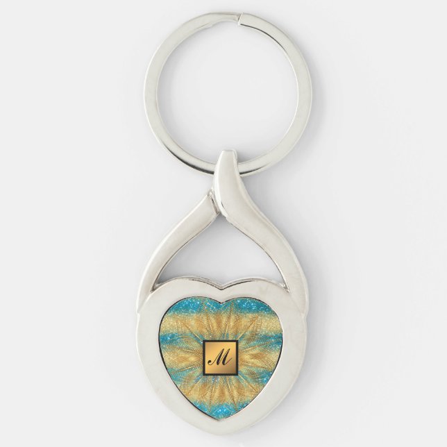 Luxury Gold Blue Glitter Monogrammed Gift Key Ring (Front)