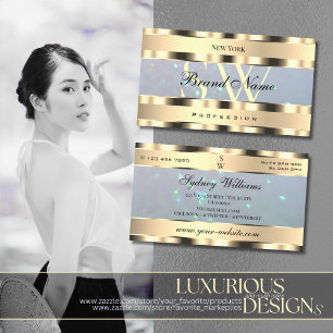 Luxury Gold Blue Pearl Glitter Monogram Open Hours Business Card