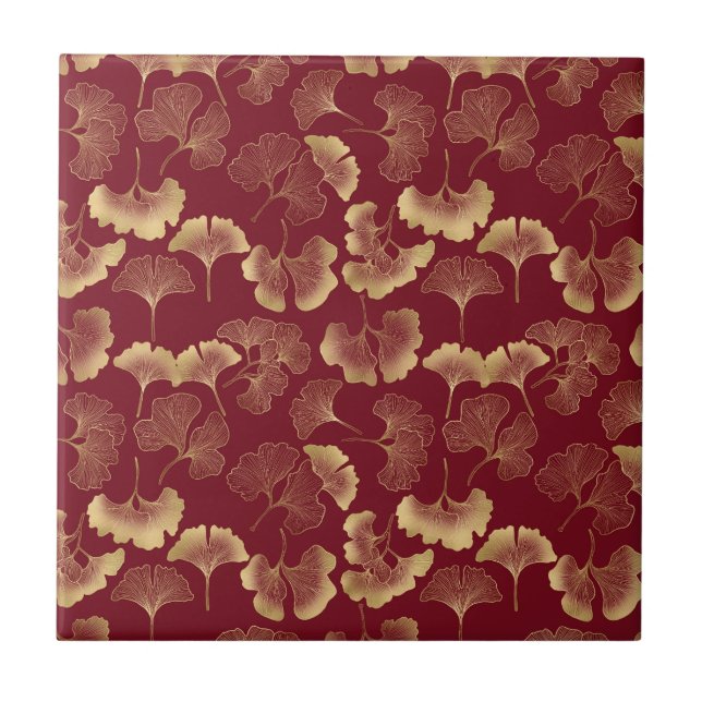 Luxury Gold Botanical in Red for Chic Style Ceramic Tile (Front)