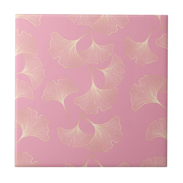 Luxury Gold Botanical Leaves Blush Pink Pattern Ceramic Tile (Front)