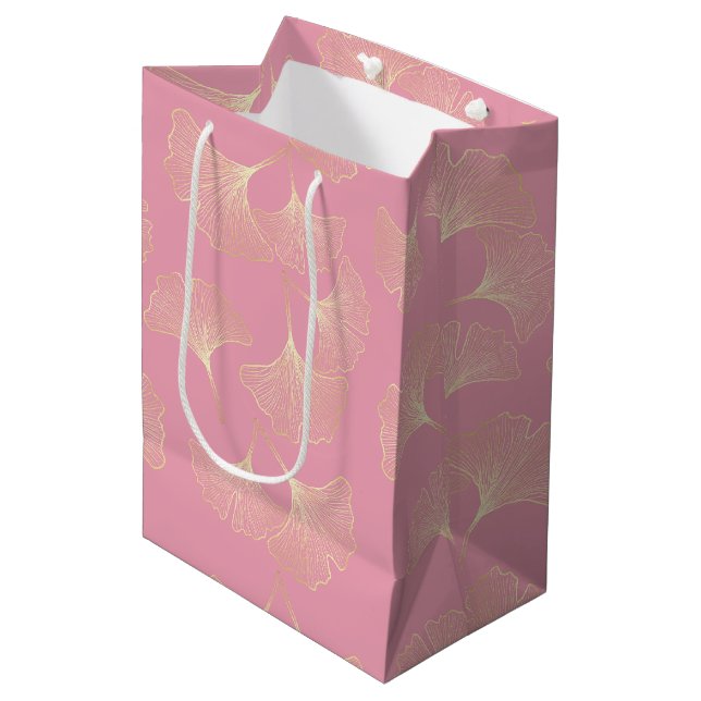 Luxury Gold Botanical Leaves Blush Pink Pattern Medium Gift Bag (Front Angled)