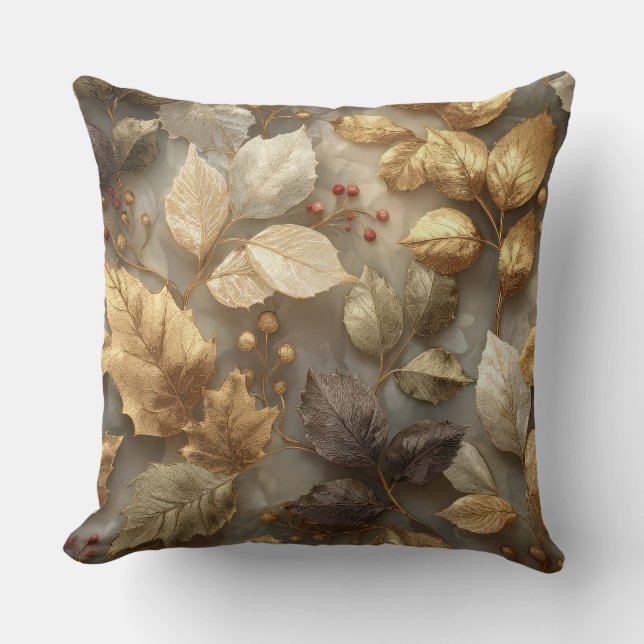 Luxury Gold Botanical Leaves Throw Pillow (Front)