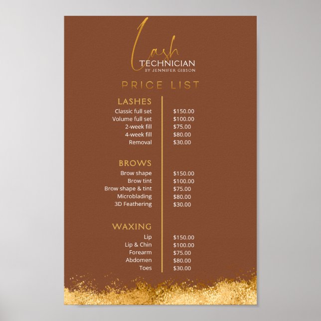 Luxury Gold & Brown Lash Tech Price List  Poster (Front)