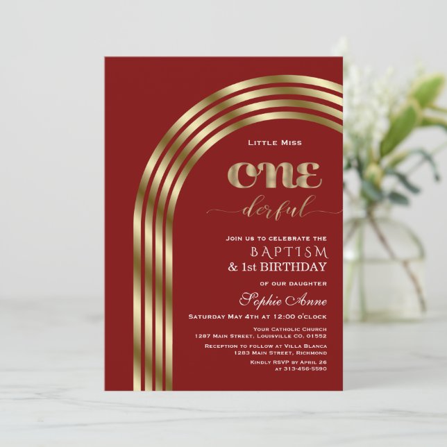 Luxury Gold Burgundy Girl First Birthday & Baptism Invitation (Standing Front)