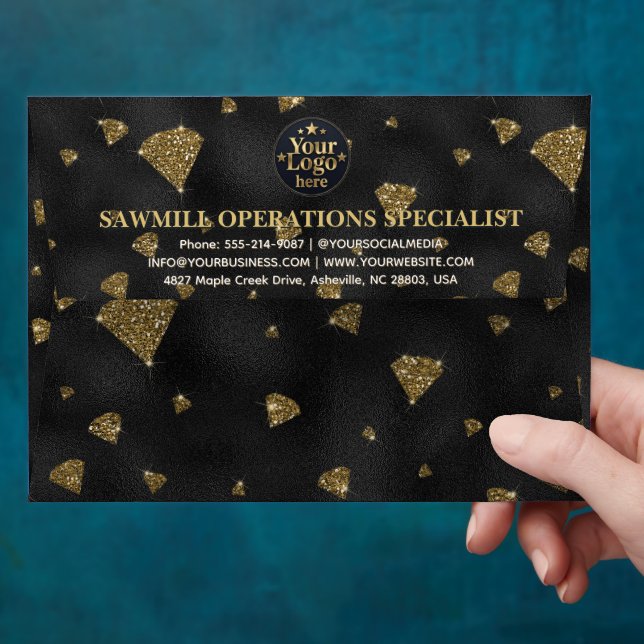 Luxury Gold Business Logo Return Address Navy Blue Envelope (Hand)