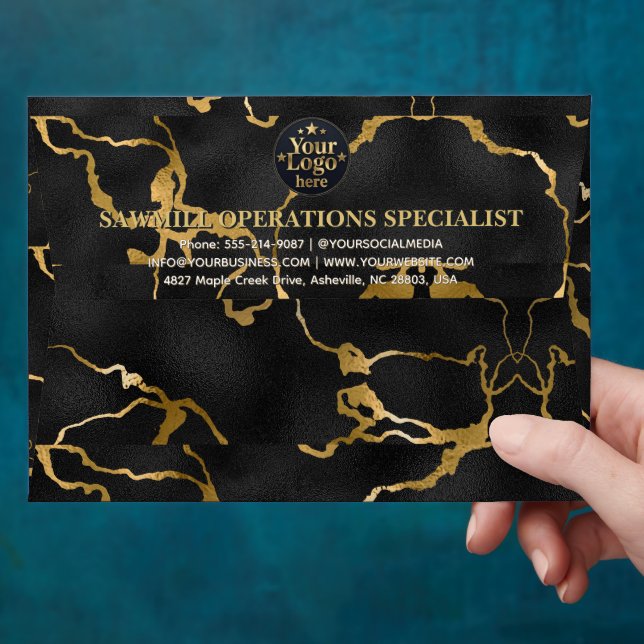 Luxury Gold Business Logo Return Address Navy Blue Envelope (Hand)