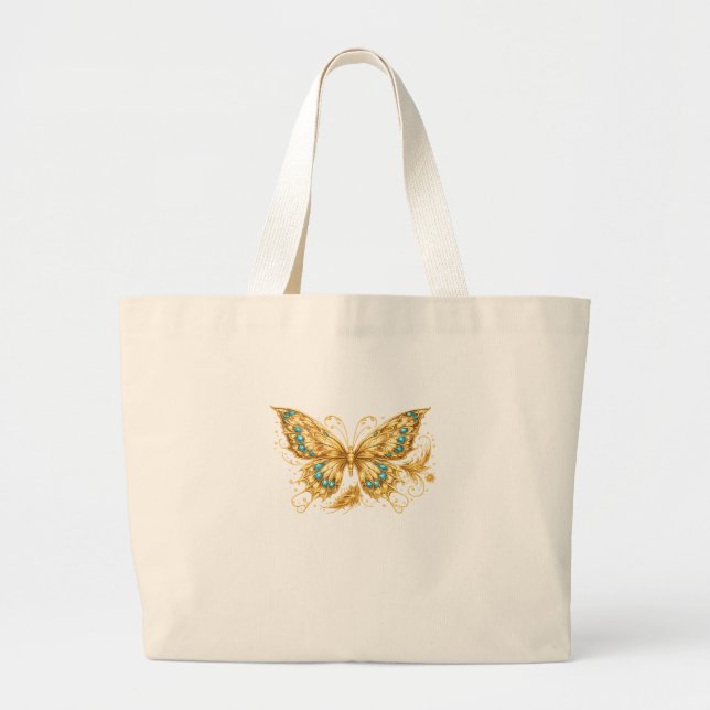 Luxury Gold Butterfly – Elegant Turquoise Accent  Large Tote Bag (Front)