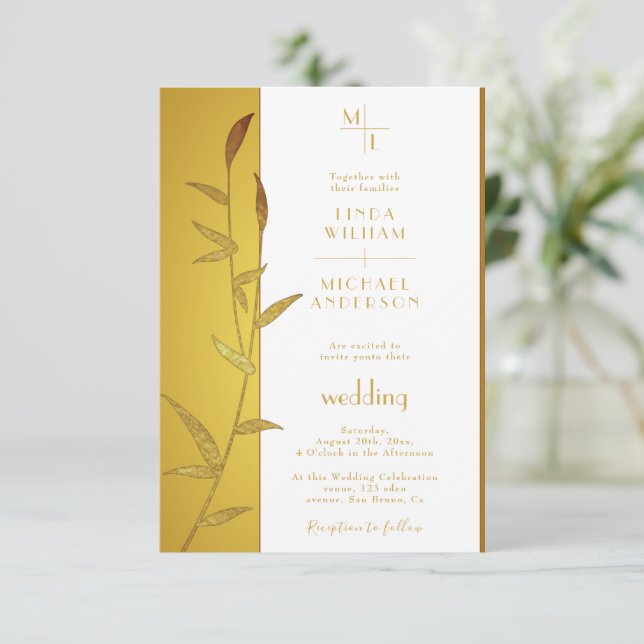 Luxury Gold Calligraphy & Golden Leaves wedding Invitation (Standing Front)
