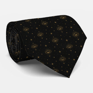 Luxury Gold Celestial Evil Eye Mystical Black Neck Tie