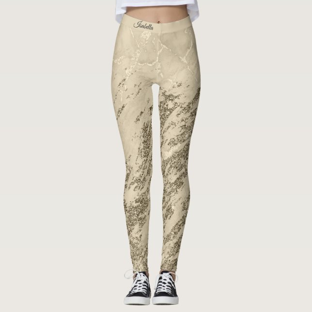 Luxury Gold Champagne Glitter Marble Add Text Leggings (Front)