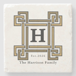 Luxury Gold Charcoal Monogram Family Name Stone Coaster