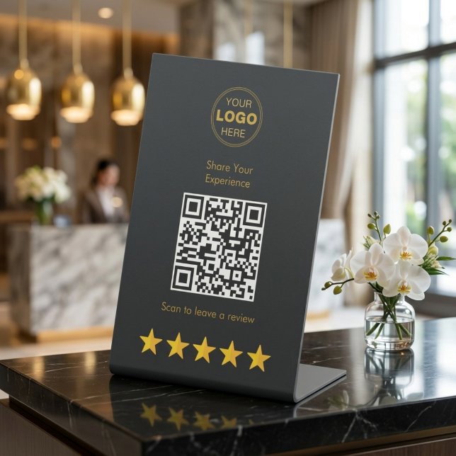 Luxury Gold Charcoal QR Code Review Feedback Pedestal Sign (Luxury QR Code Pedestal Sign for 5-Star Customer Feedback & Reviews)