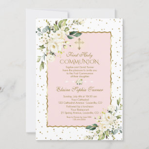 Luxury Gold Confetti White Floral Holy Communion Invitation