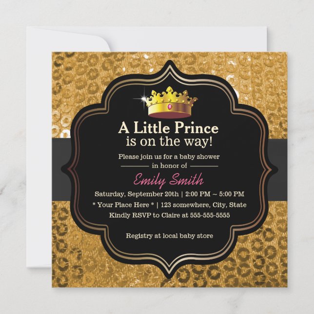 Luxury Gold Crown Little Prince Baby Shower Invitation (Front)