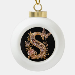 Luxury Gold Crystal Letter S Royal Monogram Ceramic Ball Christmas Ornament