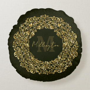 Luxury Gold Damask Monogram Round Cushion