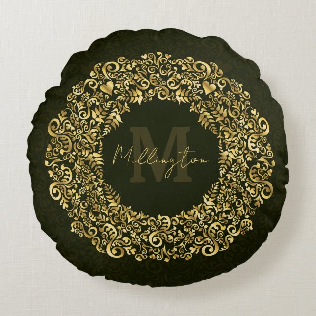 Luxury Gold Damask Monogram Round Cushion (Front)