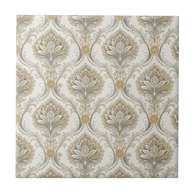 Luxury Gold Damask Seamless Floral Design Pattern Ceramic Tile (Front)
