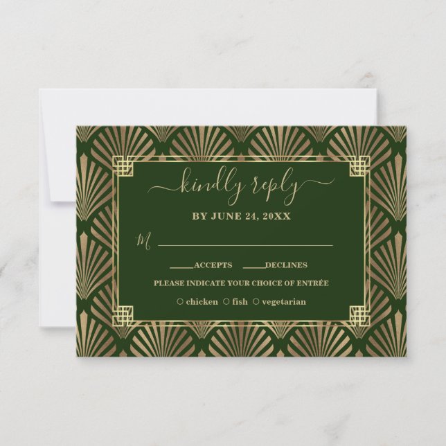 Luxury Gold Dark Green Art Deco Wedding RSVP Card (Front)