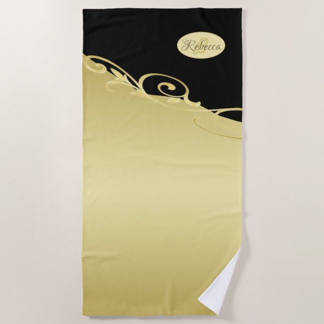 Luxury gold decorative on gold & black, Monogram Beach Towel (Front)