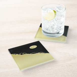 Luxury gold decorative on gold & black, Monogram Glass Coaster