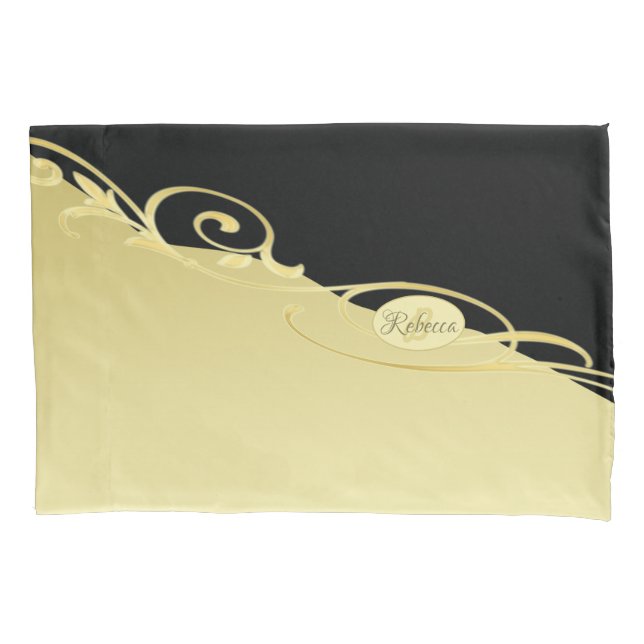 Luxury gold decorative on gold & black, Monogram Pillowcase (Front)