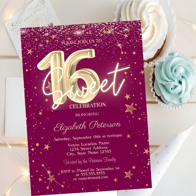 Luxury Gold Diamonds Stars Purple Sweet 16 Invitation (Creator Uploaded)