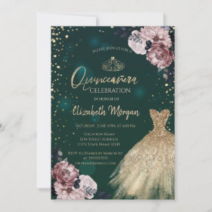 Luxury Gold Dress,Diamonds,Flowers Quinceañera Invitation