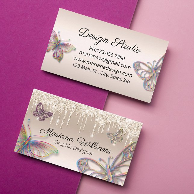 luxury gold dripping glitters rainbow butterflies business card (Creator Uploaded)