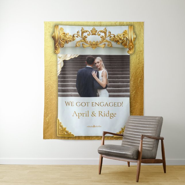 Luxury Gold Engagement Party Backdrop Tapestry (In Situ)