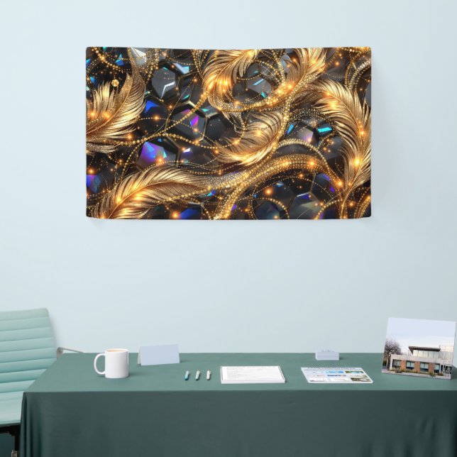 Luxury Gold Feathers and Gemstone Sparkle Pattern Banner (Tradeshow)