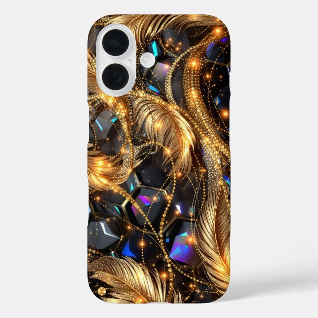 Luxury Gold Feathers and Gemstone Sparkle Pattern Case-Mate iPhone Case (Back)