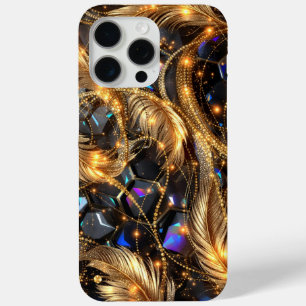 Luxury Gold Feathers and Gemstone Sparkle Pattern iPhone 15 Pro Max Case