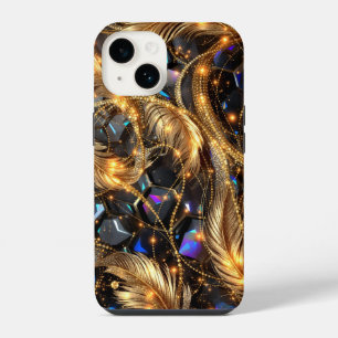 Luxury Gold Feathers and Gemstone Sparkle Pattern iPhone 14 Case