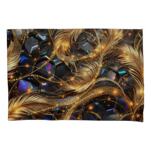 Luxury Gold Feathers and Gemstone Sparkle Pattern Pillowcase