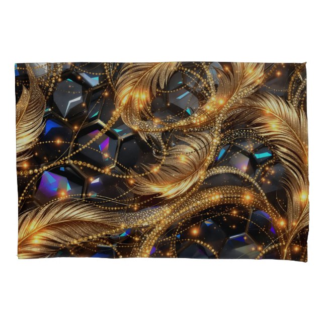 Luxury Gold Feathers and Gemstone Sparkle Pattern Pillowcase (Front)