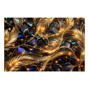 Luxury Gold Feathers and Gemstone Sparkle Pattern Poster