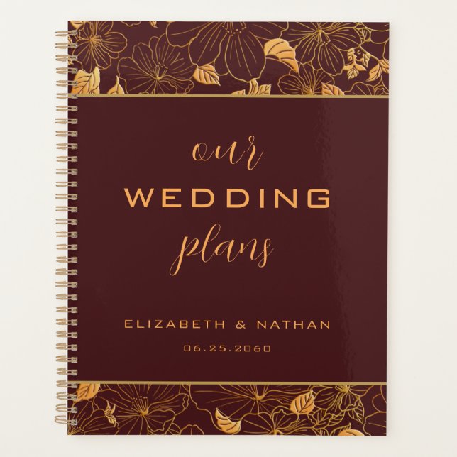 Luxury Gold Floral Burgundy Wedding Planner (Front)