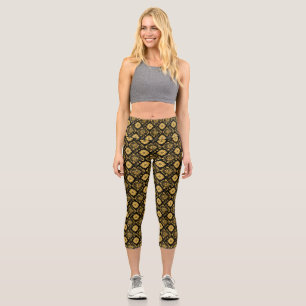 Luxury Gold Floral Damask Pattern On Black Capri Leggings