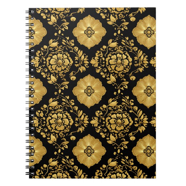 Luxury Gold Floral Damask Pattern On Black Notebook (Front)
