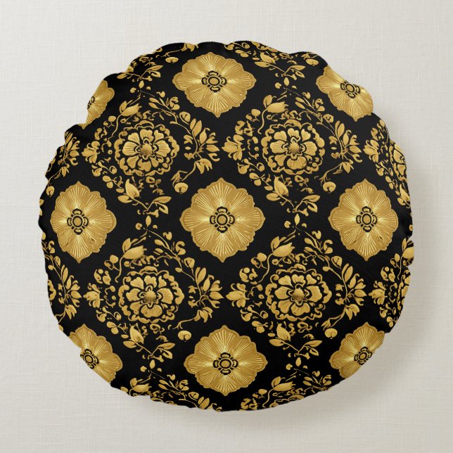 Luxury Gold Floral Damask Pattern On Black Round Cushion (Front)