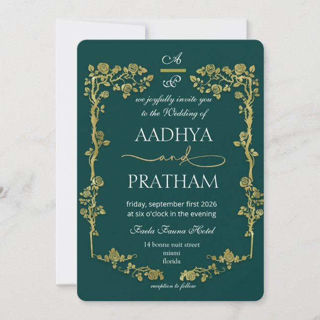 Luxury Gold Floral Frame Wedding Invitation (Front)