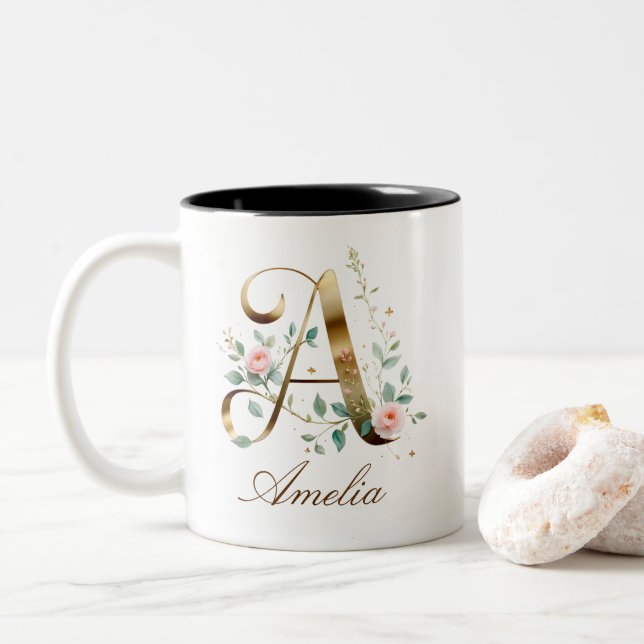 Luxury Gold Floral Initial A Two-Tone Coffee Mug (With Donut)