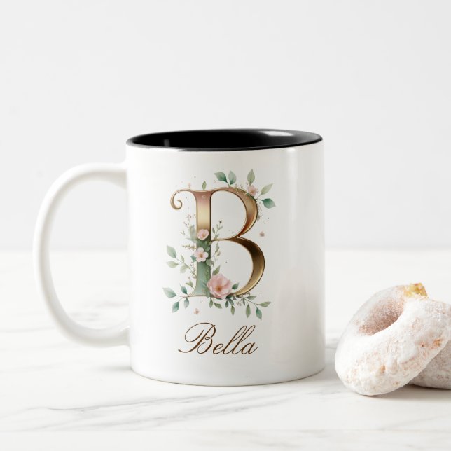 Luxury Gold Floral Initial B Two-Tone Coffee Mug (With Donut)