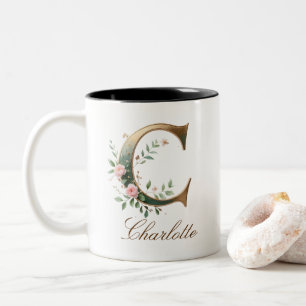 Luxury Gold Floral Initial C Two-Tone Coffee Mug