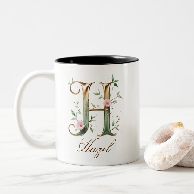 Luxury Gold Floral Initial H Two-Tone Coffee Mug (With Donut)
