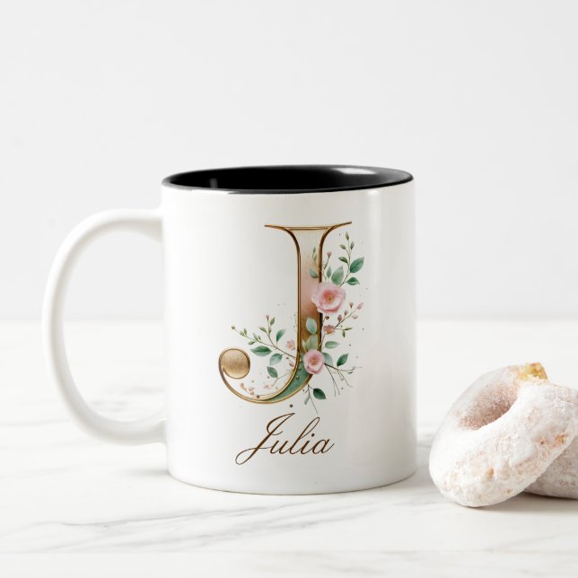 Luxury Gold Floral Initial J Two-Tone Coffee Mug (With Donut)