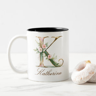 Luxury Gold Floral Initial K Two-Tone Coffee Mug